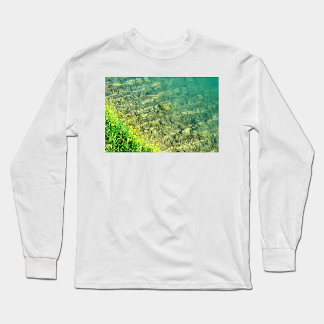 Overview from Santarelli lakes with greenery, yellow flowers and crystalline waters with stones Long Sleeve T-Shirt by KristinaDrozd